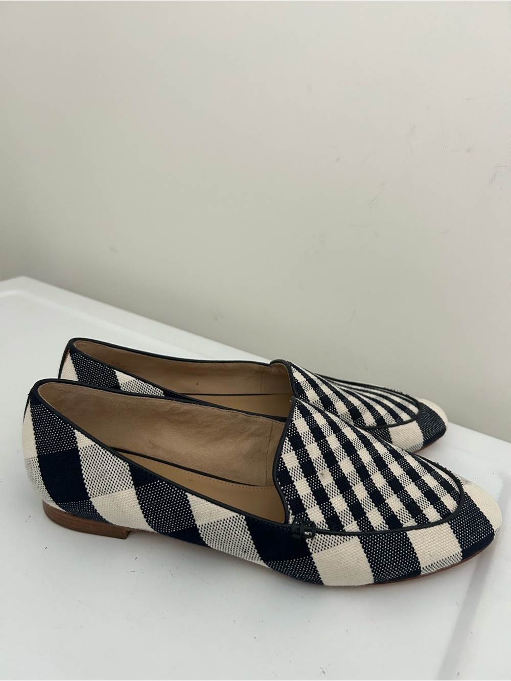 Talbots Ryan Gingham Loafers in Canvas Plaid Navy Blue Cream Size 9.5 M - Picture 3 of 15